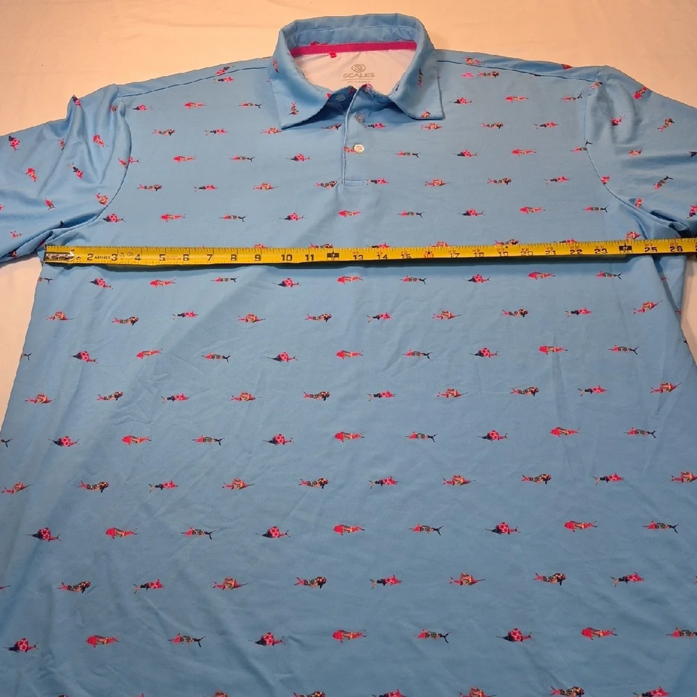 SCALES 3X Golf Polo Short Sleeve Shirt Blue and Pink Tropical Fish Pattern - Picture 6 of 16